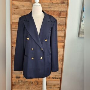 Halston Classic Navy Blue Blazer w/ Gold Buttons Double-Breasted Nautical Sz 14